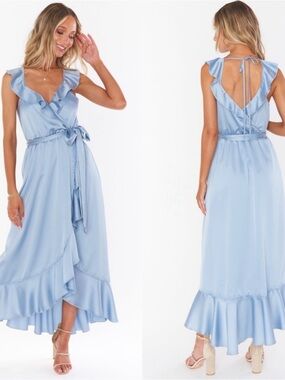 Icy blue silver satin - Show Me Your Mumu Samantha wrap ruffle dress